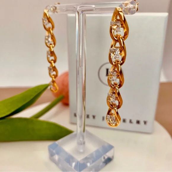 Gorgeous Titanium Diamond CZ Cuban Curb Link Chain Earrings in Gold - Picture 4 of 7